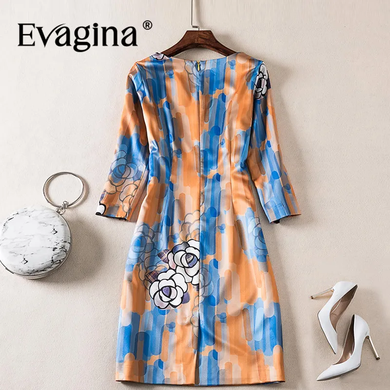 Evagina Fashion design Spring Summer Women's Three Quarter Sleeve Printing Commuter Office Lady Cotton Mini Dresses