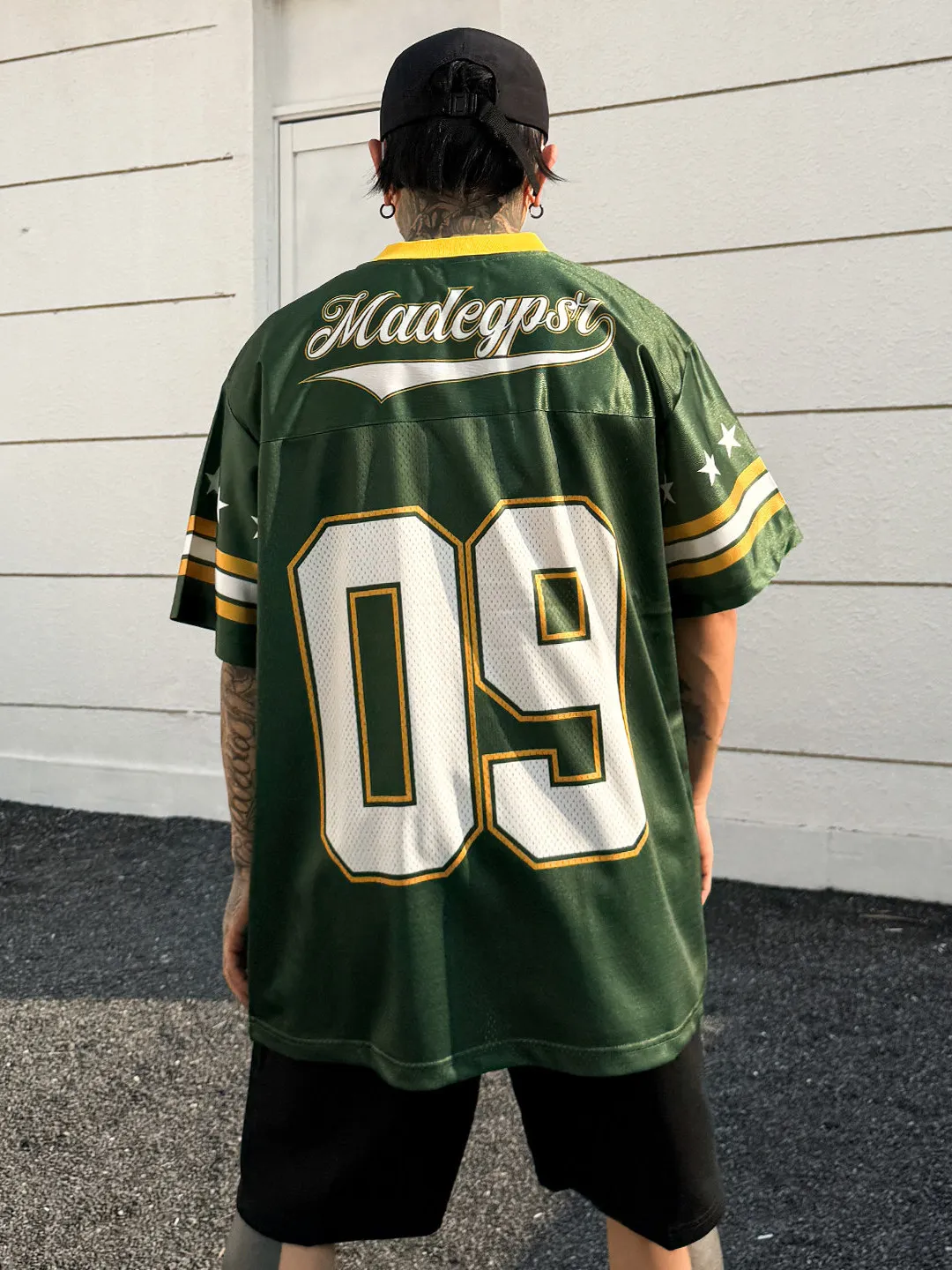 American Retro Color Block Digital Print V-neck Short Sleeve T-shirt Men's Summer Green Football Sport Style 09 Jersey