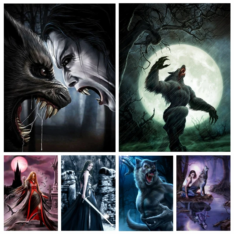 Full Embroidery Gothic Lycan Versus Vampire Diamond Painting Art Dark Werewolf Mosaic Cross Stitch Kit Gift For Room Decor