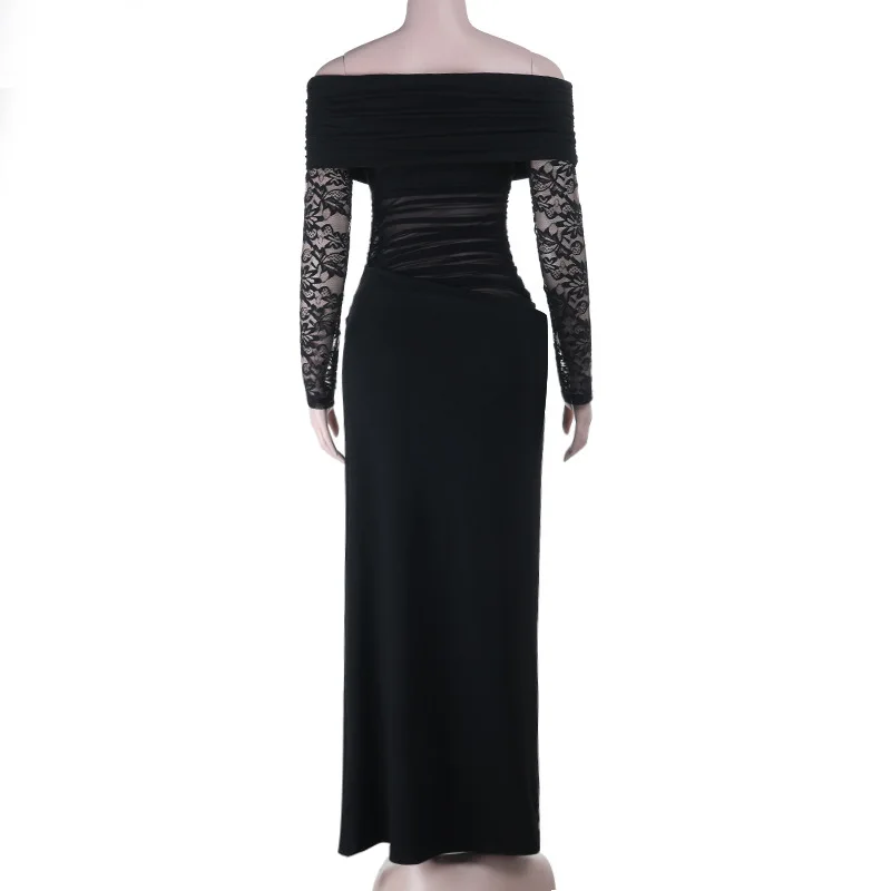 Durchsichtig Mesh Patchwork Geraffte Bodycon Maxi Party Kleid Frauen Sexy Slash Neck Off Schulter Spitze Volle Hülse Split Lange Robe