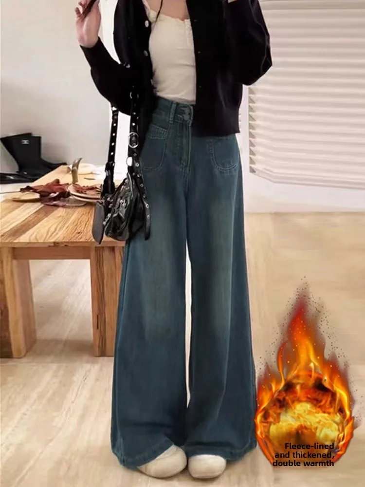 

Retro Blue Fleece Wide Leg Jeans Women's Autumn Winter plus Size Loose Slimming Pear Shape High Waist Straight Leg Pants