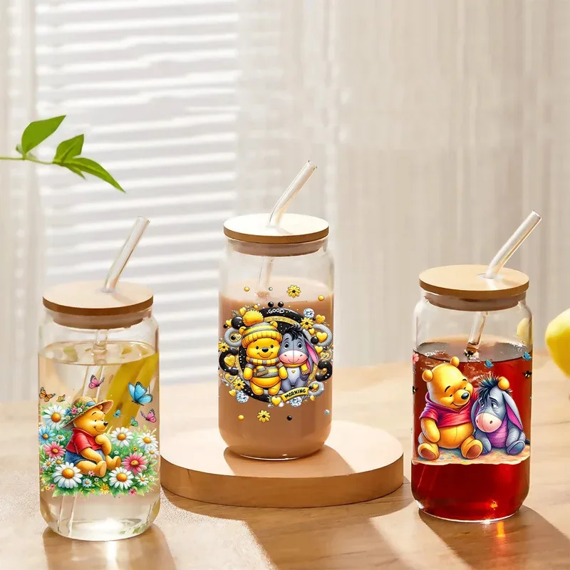 سلسلة ويني الكرتون سهلة التقشير مقاوم للماء لتقوم بها بنفسك الشارات ثلاثية الأبعاد نقل ملصقات uvdtf 16oz uv dtf كأس يلتف لنظارات Libbey