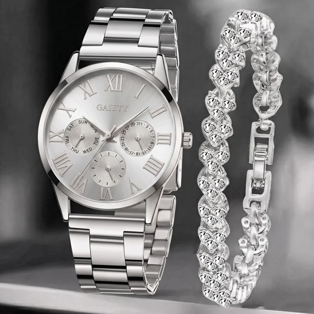 2Pcs/Set Unisex Jewelry Watch Set Women's Wristwatch Accessories Silver Fashion Business Elegant Classic Exquisite Light Luxury Rhinestone Luxury Bracelet Watch Set Y2K Suitable for Travel, Parties, Daily Outfits, Perfect Birthday and Holiday Gift