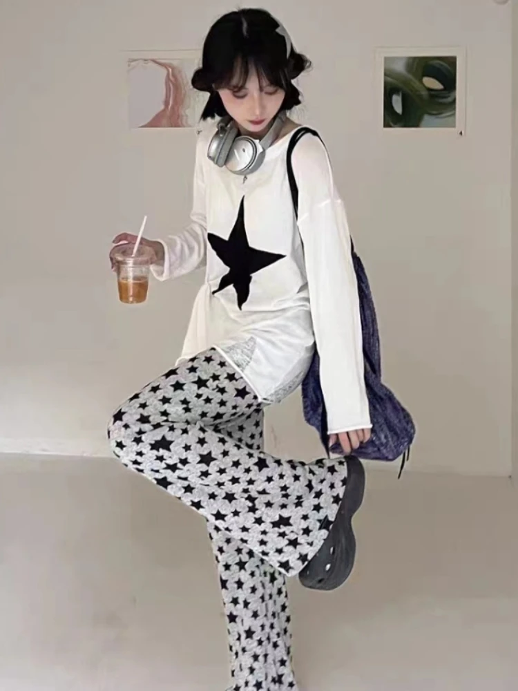 

Американские ретро хип-хоп звездный принт с высокой талией прямые свободные женские брюки Y2K Harajuku панк повседневные женские брюки эмо