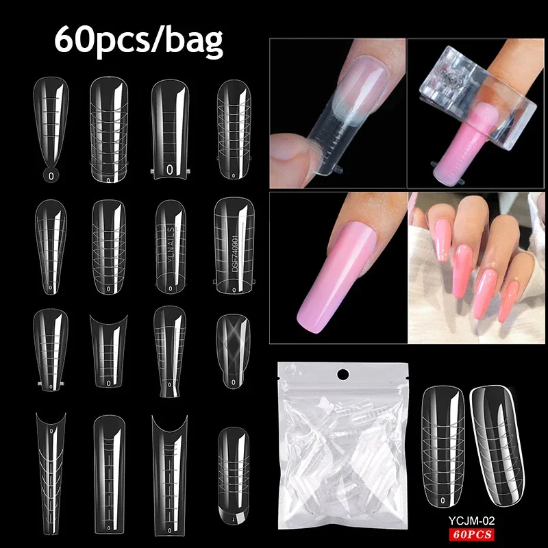 60/100pcs Forme per unghie Unghie finte Consigli per stampi per costruzione rapida Unghie trasparenti Doppie forme Copertura completa Manicure Scolpito Estendi stampi superiori