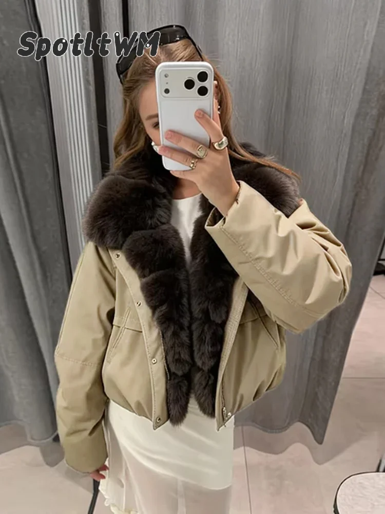 Women Faux Fur Collar Patchwork Cropped Jacket Zipper Up Snap Button Short Coat 2026 Autumn Winter Casual Female Daily Outfits