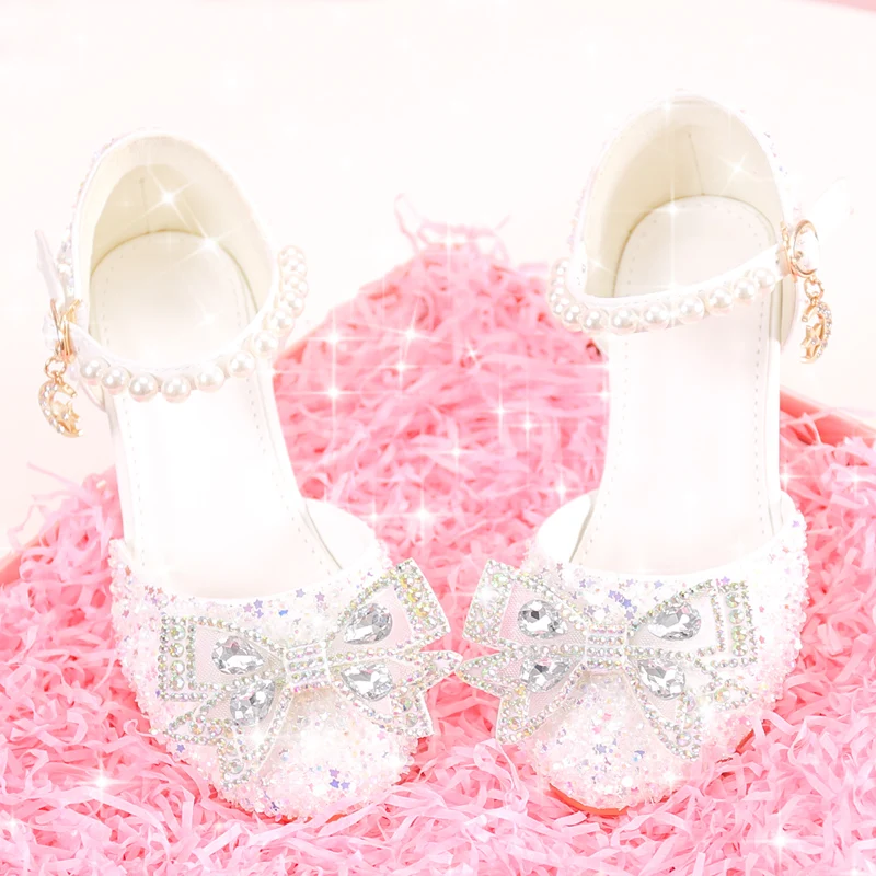 

Girls princess shoes crystal high heel bow sequins white performance catwalk stage host girls shoes