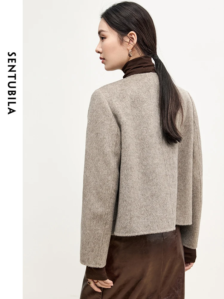 SENTUBILA Simple Straight Woolen Coat 2024 Winter Solid Double Sided Double Breasted Long Sleeve Texture Elegant Coat W44O56013