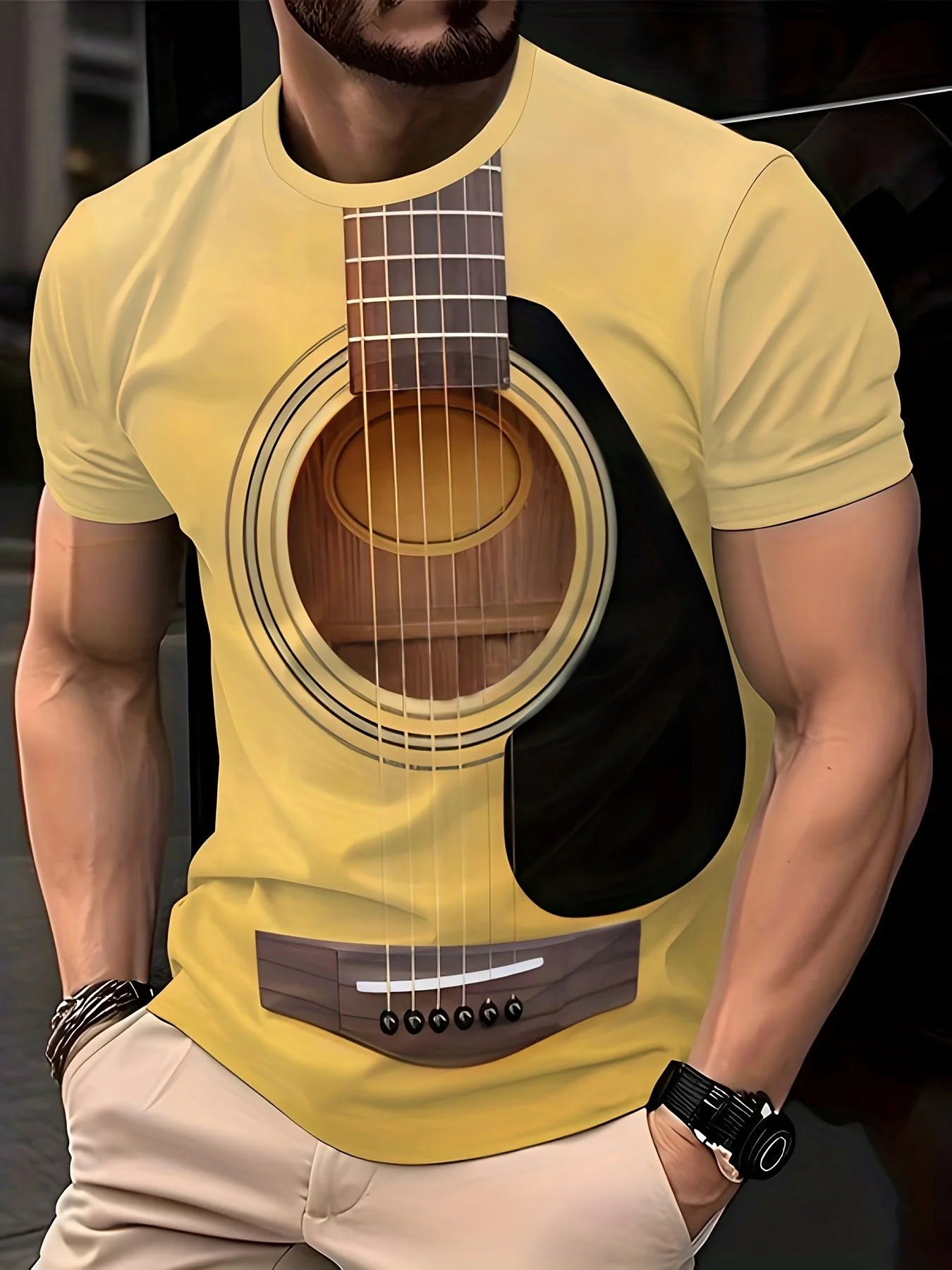 Men's Casual 3D Music Guitar T-Shirt Tee Suitable for Concerts & Daily Wear Round Neck Comfortable Music Lover Top with 3D