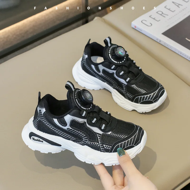 Kids Autumn Sneakers New Baby Boys Girls Sports Shoes Casual Rotating Buckle Mesh Patchwork Breathable Running Non-slip Trainers