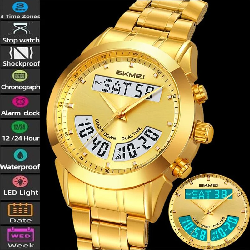

Skmei Three Time Zones Digital Watches for Mens Waterproof Alarm Clock Male Quartz Calendar Wristwatch with Stainless Strap