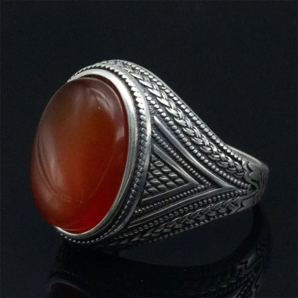 Wholesale Real 925 Sterling Silver Rings Men Natural Red Agate Stone Vintage Handmade Statement Wedding Hand Ring