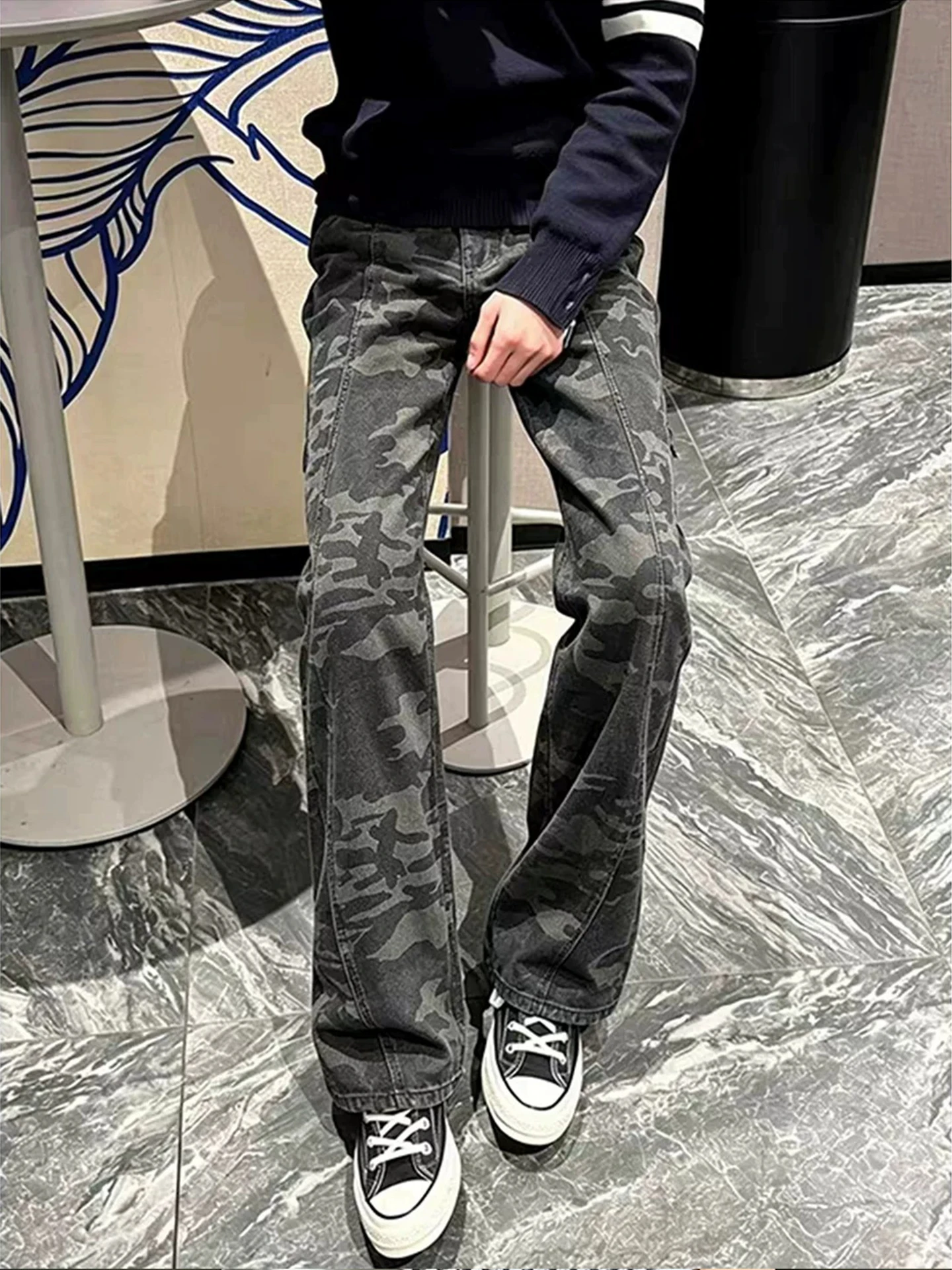 

Cleanfit Camouflage Workwear Pants Men's High Street Straight Leg Micro Flare Vibe Jeans High Waist Patchwork Decorative Stit...