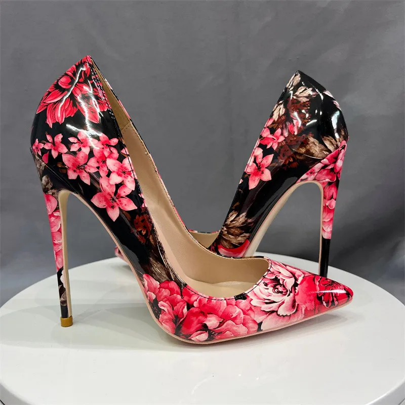 Veowalk Gothic Red Flower Print Women Sexy Pointed Toe Stiletto Pumps 8cm 10cm 12cm High Heel Shoes for Black Dress Skirts