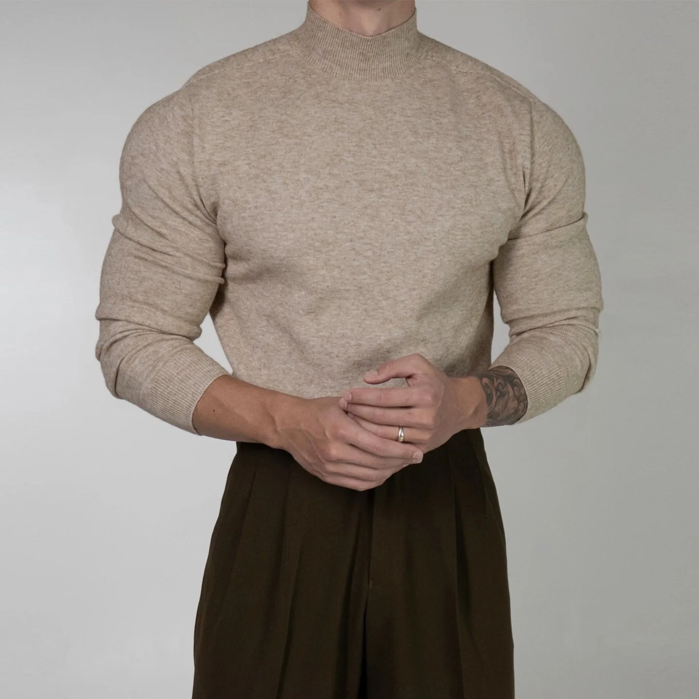 Vintage Autumn Winter New Men Long Sleeve Half High Collar Solid Color Simple Basic Casual Trendy Undershirts Sweater Pullovers