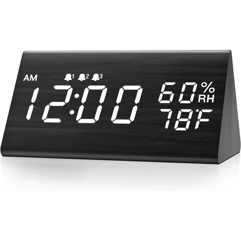 

Digital Alarm Clock, with Wooden Electronic LED Time Display, 3 Alarm Settings, Humidity & Temperature Detect, Wood Made Ele