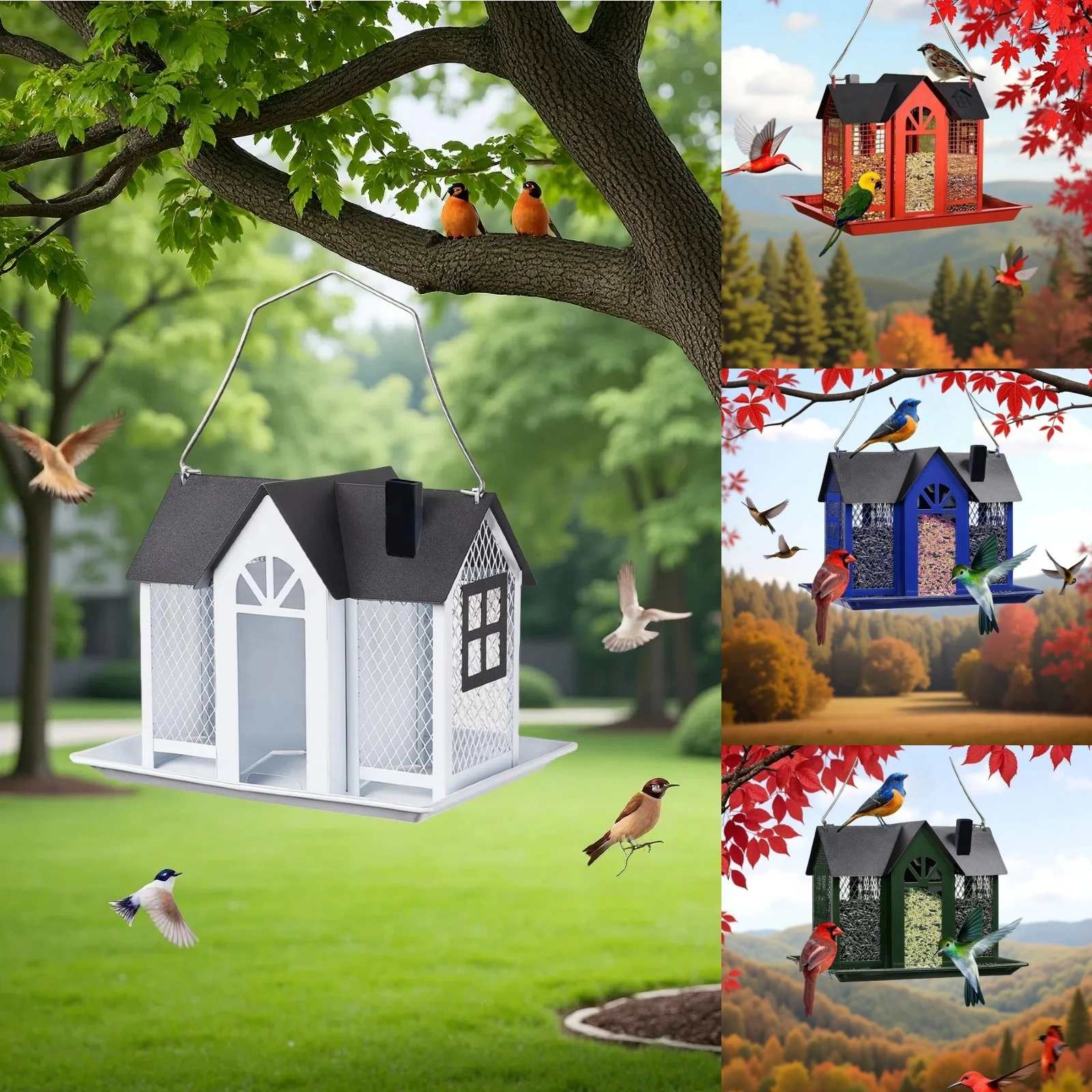 1 Comedero para pájaros salvajes para colgar al aire libre, gran capacidad, casa para pájaros grande con cubierta de malla metálica y bandeja para semillas, adecuado para títulos, pájaros rojos, títulos, colibríes, protección de ardillas y decoración de patio de jardín al aire libre de metal resistente a la intemperie.