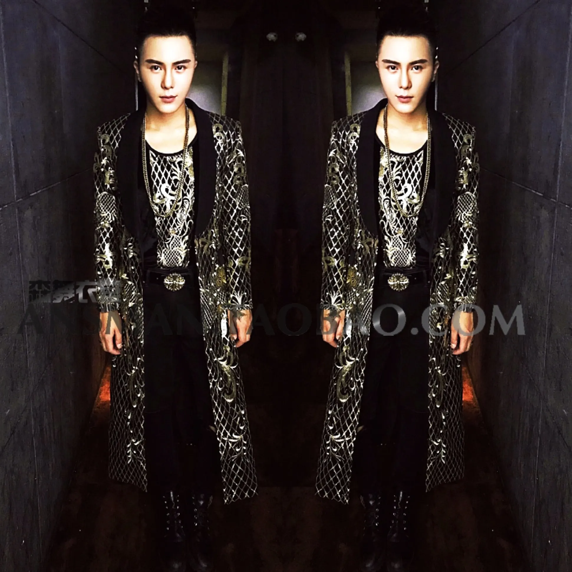 

Hot New Nightclub Bar Trench Coats Male Singer Blazer Dj Fashion Embroidery Baroque Court Long Jackets Men's Costume Suits