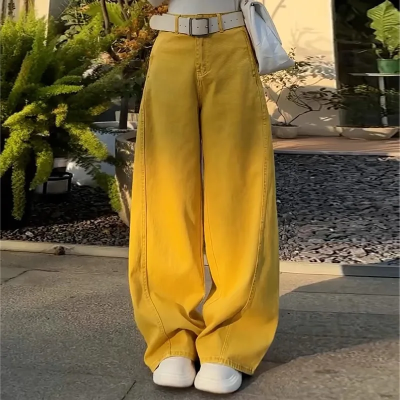 جينز Scimitar أصفر عصري للنساء، سروال أنيق للتخسيس وفضفاض متعدد الاستخدامات للخريف