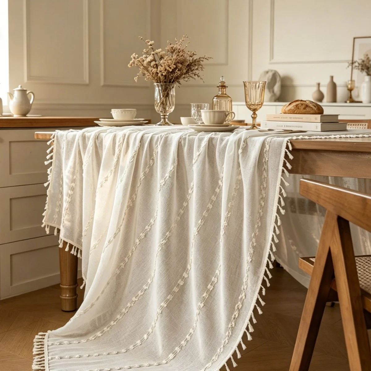 1pc American Style Jacquard Tassel Hollow Tablecloth, Rectangular Wedding Dustproof Heat Insulation Dining Table Cover