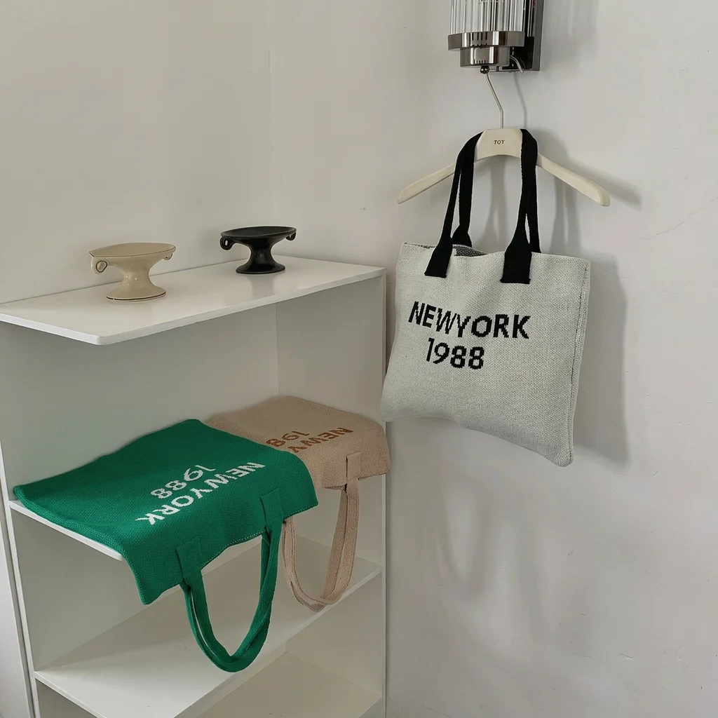 New York 1988 Letter Print Knit Tote Bag Vintage Women Shoulder Bag Soft Crochet Handbag Y2K Female Shopper Bag College Purse