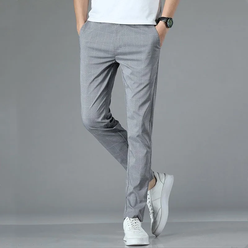 High Quality Summer Thin Plaid Pattern Formal Dress Pants Men Slim Business Work Office Party Korea Skinny Casual Trousers Male
