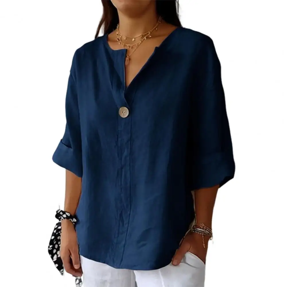

3/4 Sleeve Tee V-neck Button Decor Women's Shirt with Loose Fit Solid Color Pullover for Summer