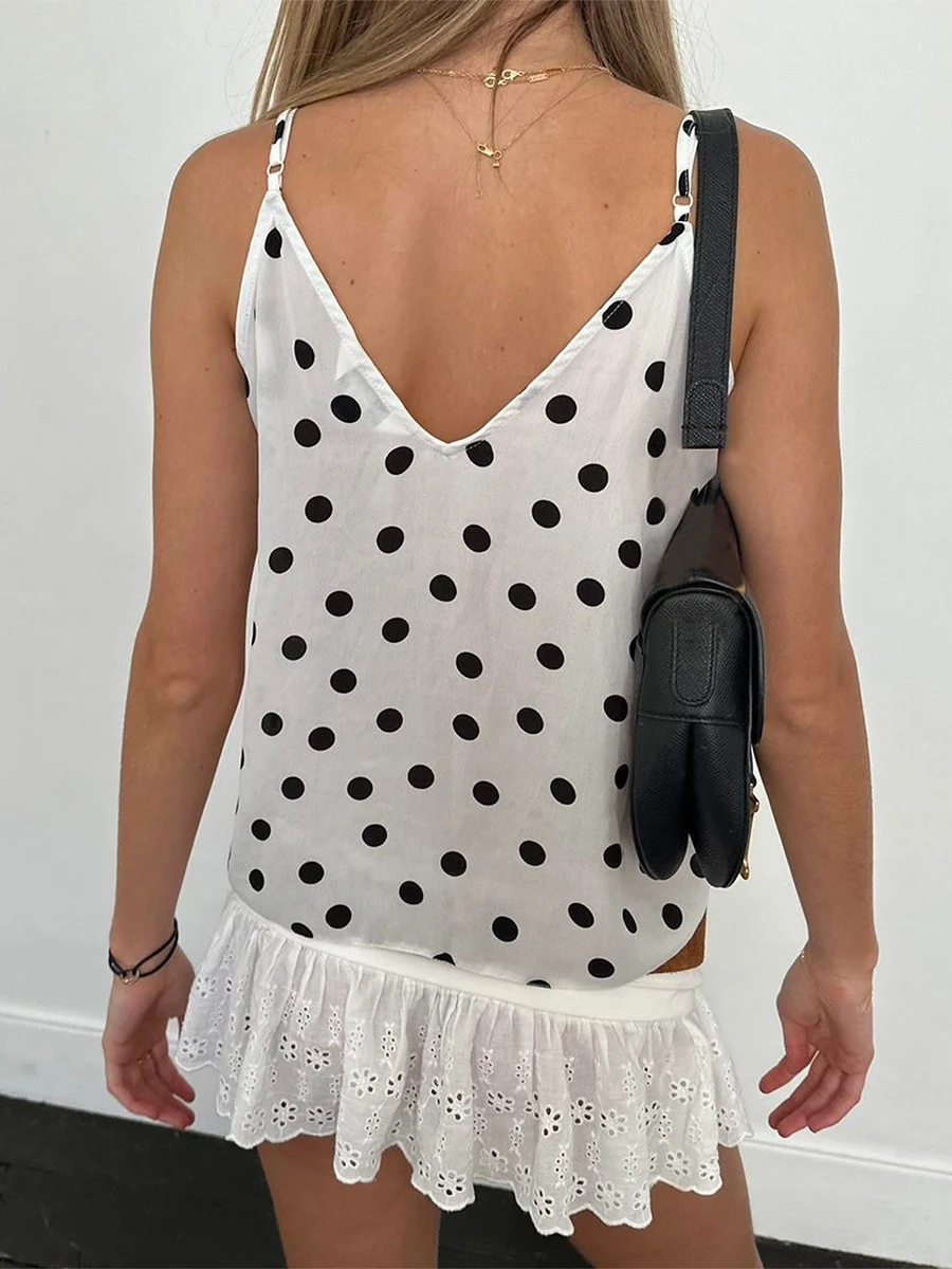 

Women y2k Fairycore Grunge Camisoles Dot Print Tie-Up Front V-Neck Casual Tank Tops Summer Sleeveless Tops Streetwear
