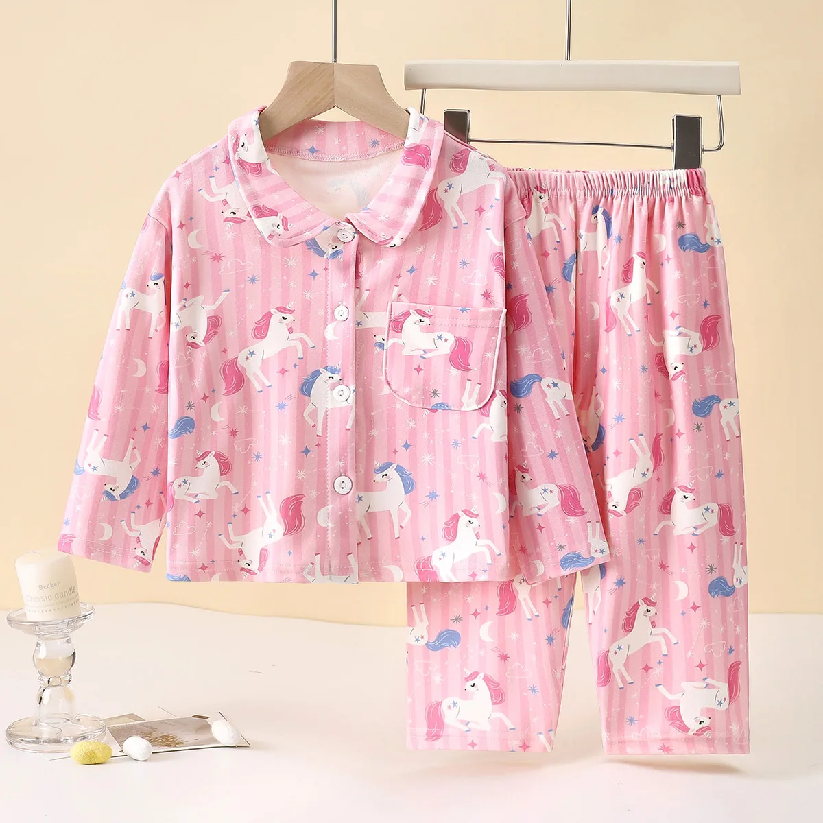 

New Boys Girls Autumn Casual Pajamas Home Wear Kids Cartoon Unicorn Long Sleeve Lapel Pyjamas Children's Sleepwear Clothing Sets