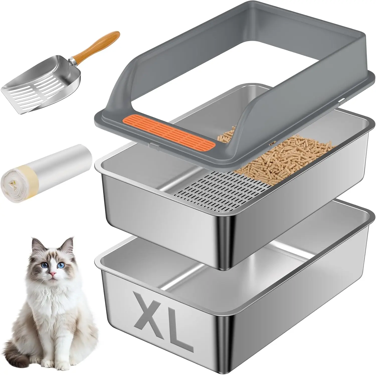 

Extra Large Stainless Steel Sifting Cat Litter Box with Lid for Pine Pellets, Odor Control & Easy Cleaning