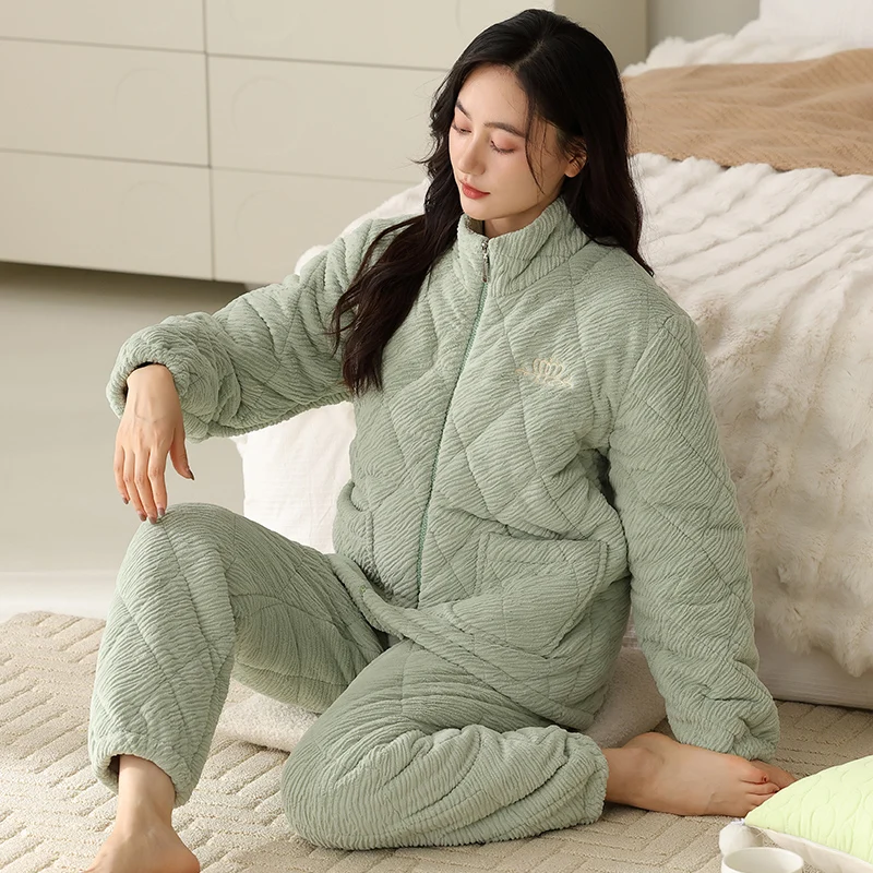 Big Size M-4XL Winter Women Pajamas Set 3 Layer Clip Cotton Pijama Female Casual Thick Warm Pyjama