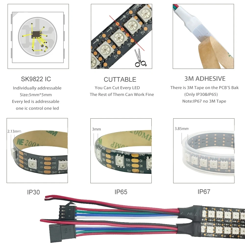 Bande lumineuse RGB Led SK9822, 30/60/144 diodes/m, données similaires APA102 et horloge adressables individuellement, IP30 65 67 DC5V