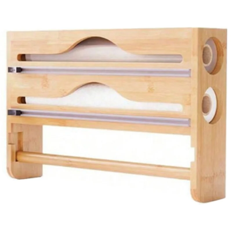 

Kitchen Paper Wall Mounted Paper Towel Organizer With Bamboo 2 Compartment Cling Film Tin Foil Cutter Box