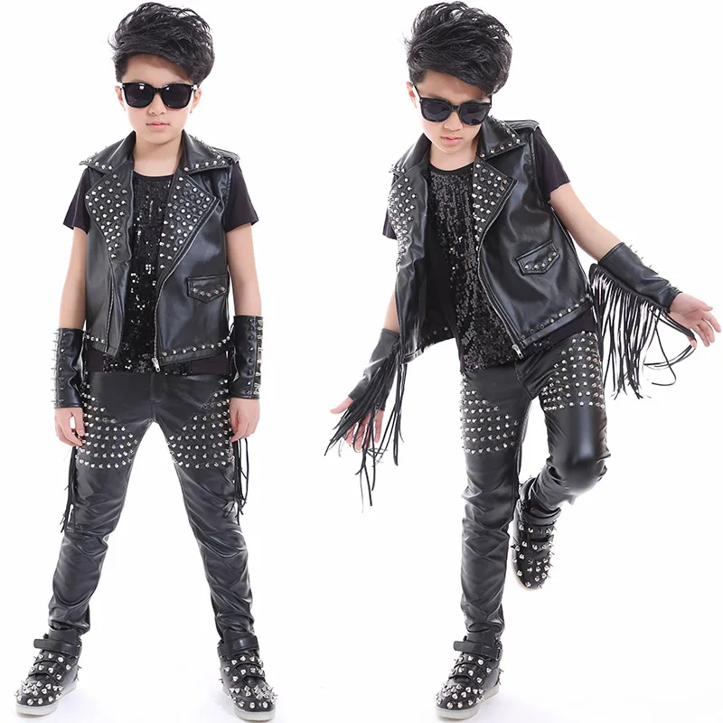 Ropa de actuación de escenario para niños, trajes de escenario para niños, pantalones de cuero negro con tachuelas, chaleco de chaqueta, baile de Hip Hop, Jazz