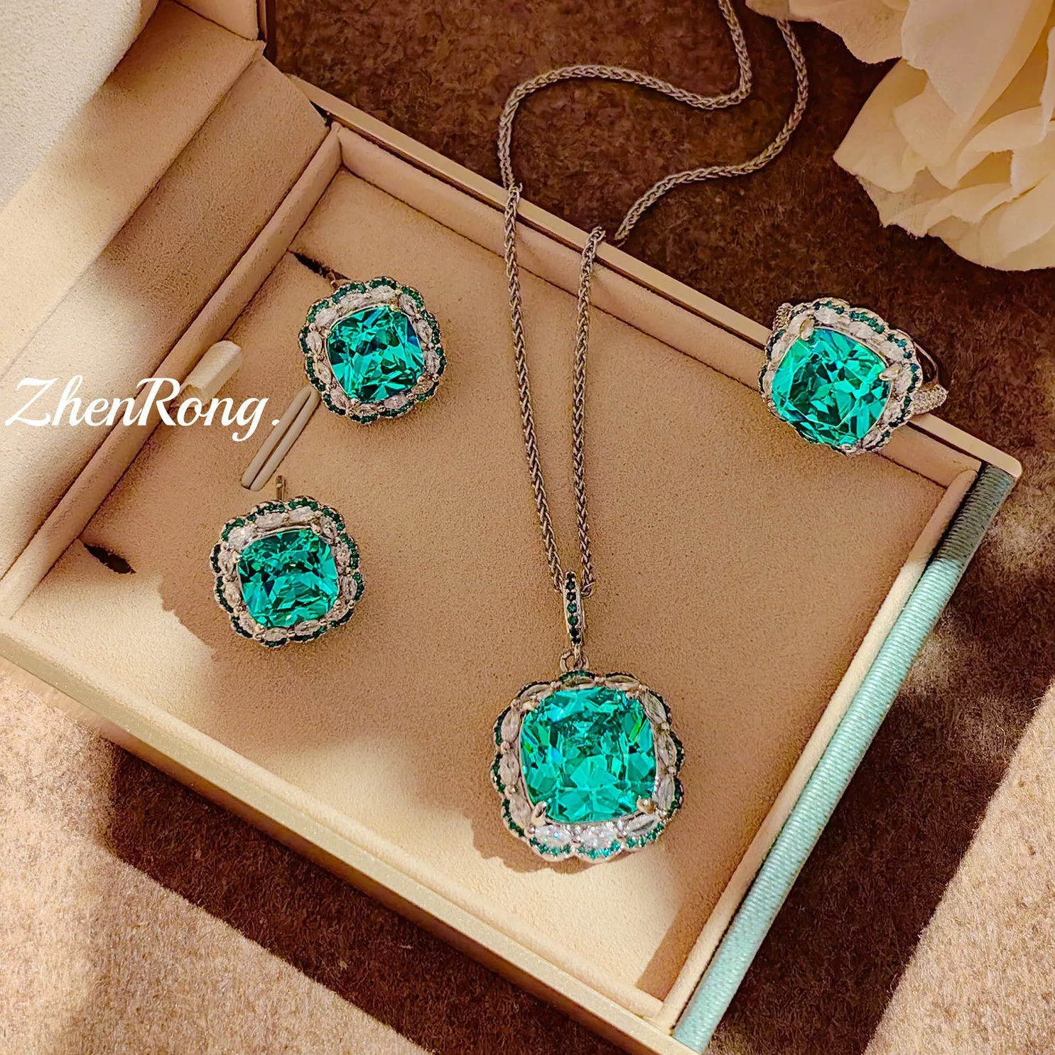 2026 Gorgeous Sparkling Lab Sapphire Paraiba Pendant Necklace Ring Earrings for Women Luxury Statement Bridal Party Jewelry Sets