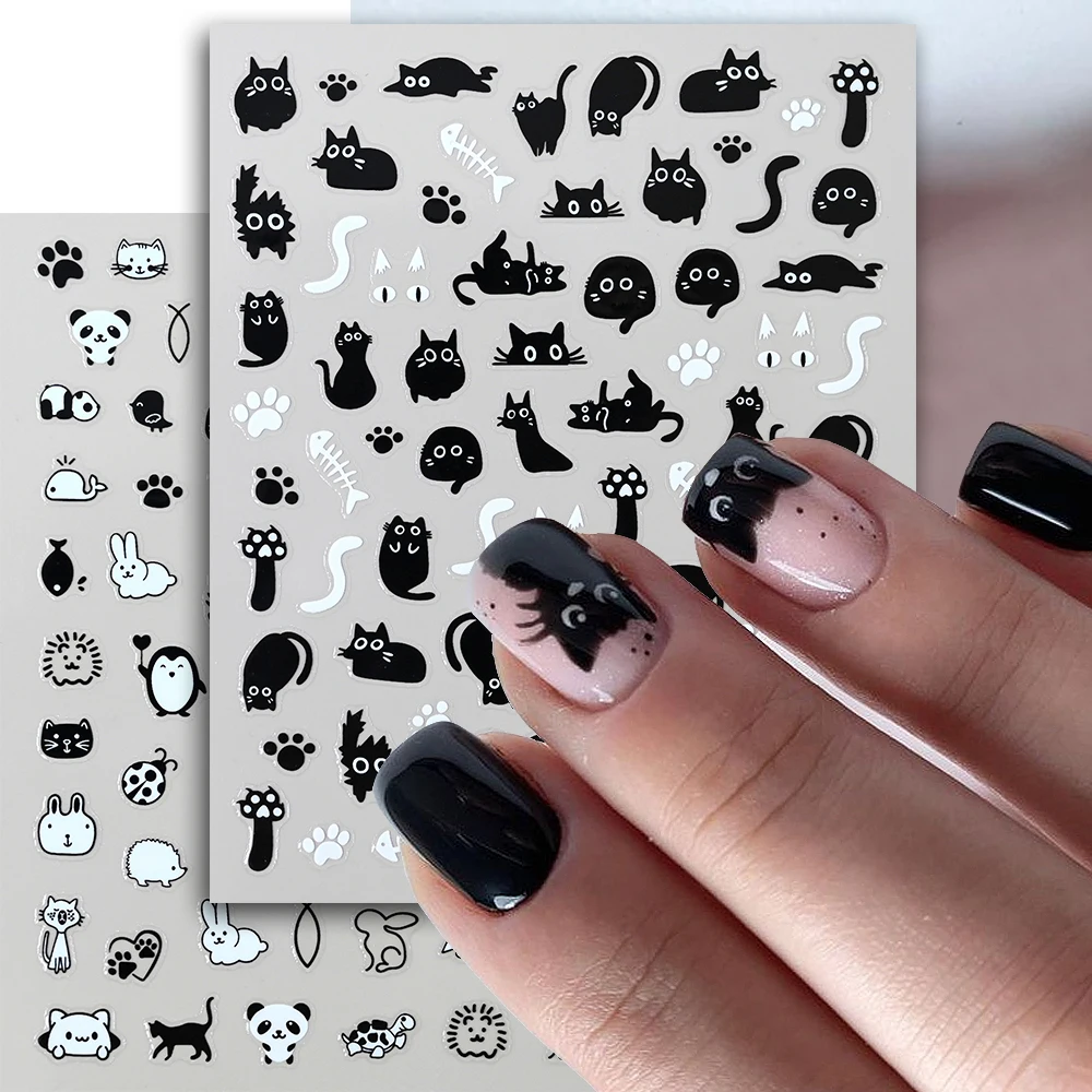 2pcs Cute Black Cat Fish Bones Nail Art Stickers Cat Paw/Cat Tail Kawaii Kitten Nail Decal Sliders Black Cat Expressions Sticker