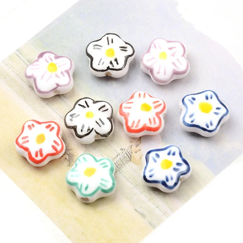 5/10pcs Random Color 15mm Hand Drawn Five Petal Flower Ceramic Loose Beads DIY Sweet Handmade Bracelet Jewelry Craft Supplies