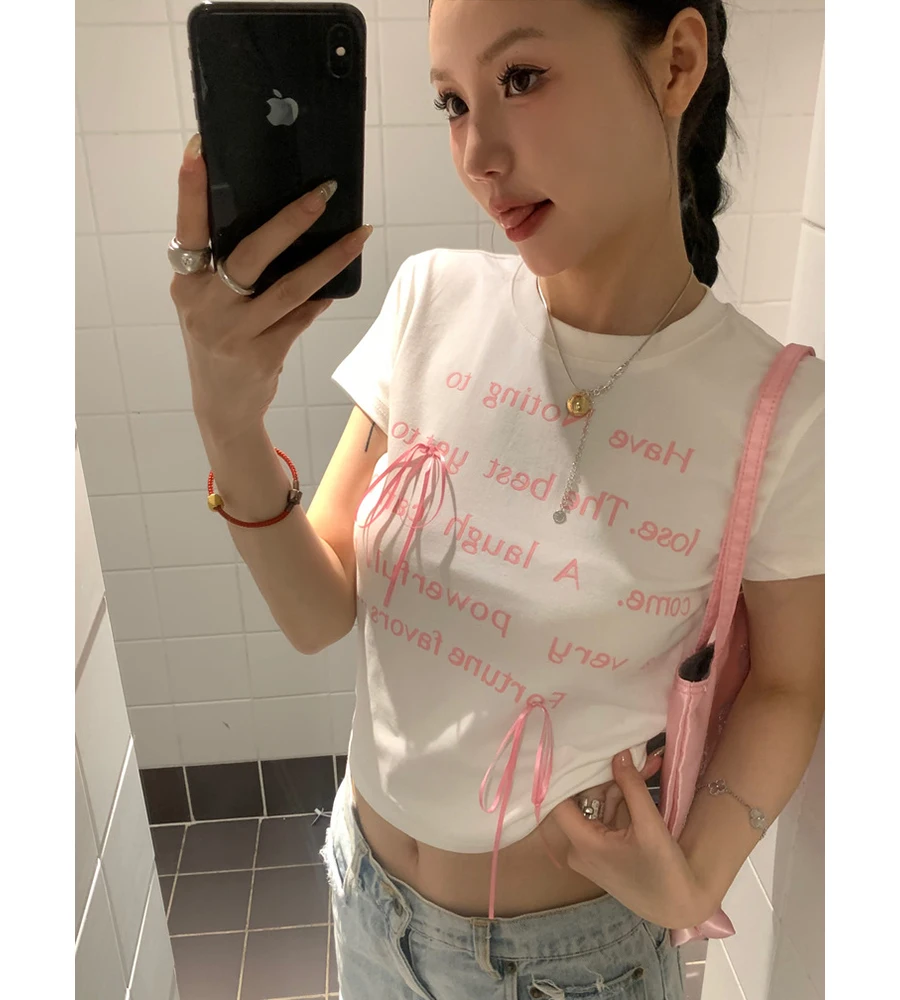 

Letter Ribbon Bow Slim T-Shirt Crop Top Cute White Black T Shirts Tee #korean y2k cloth e-girl fairycore 2000s grunge aesthetic