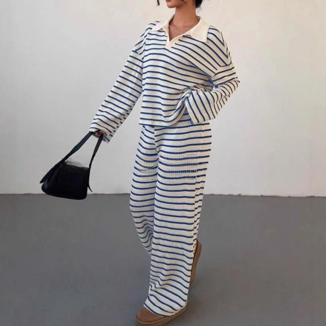 

New Fashion Printed Knitted Shirt + Wide Leg Pants Two-piece Sets Women Autumn Casual Loose Striped Top And Pants Suit For Women