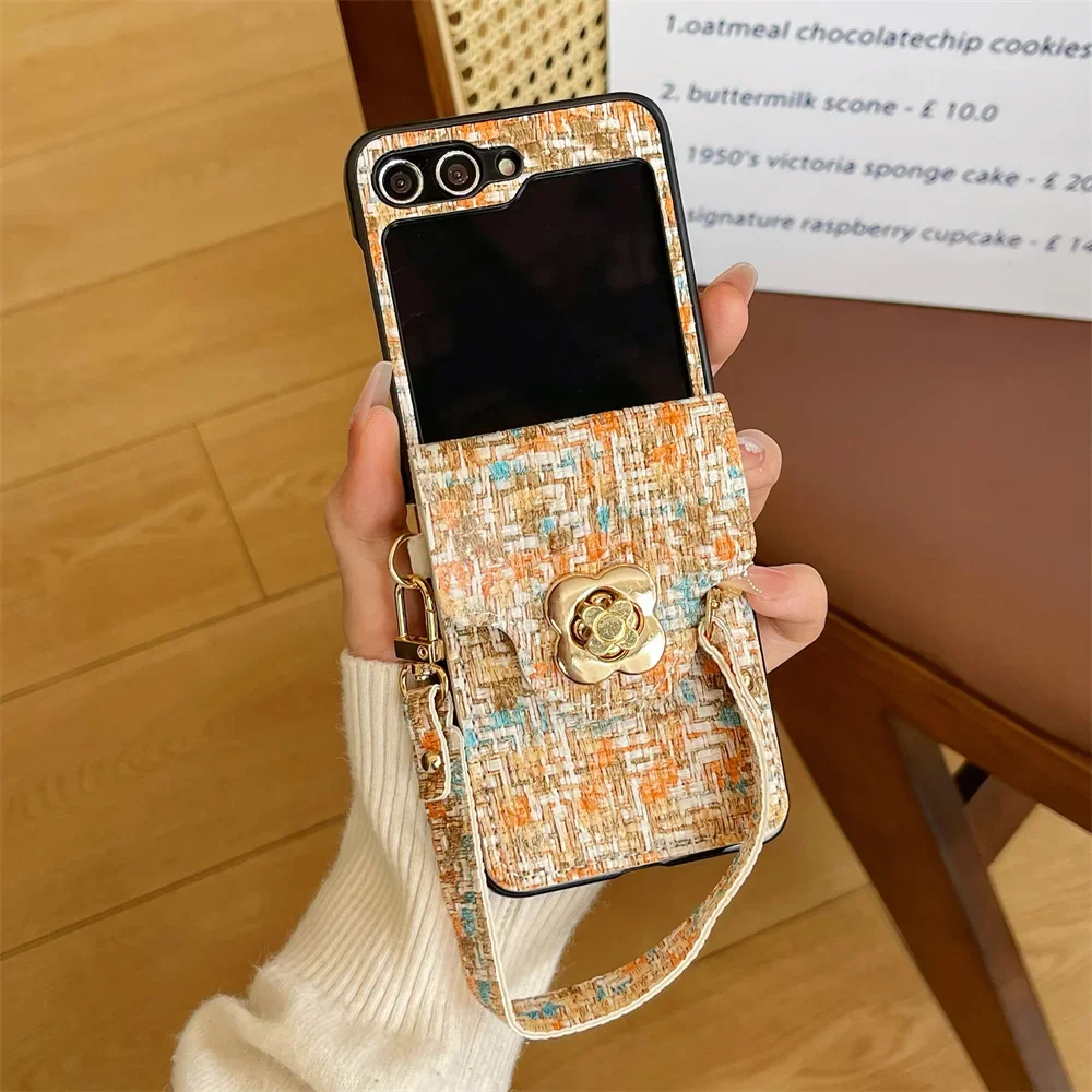 Pulseira de pulso caso de telefone para samsung galaxy z flip 6 5 4 3 flip6 flip5 flip4 flip3 5g titular do cartão mão corda tecer capa de couro do plutônio