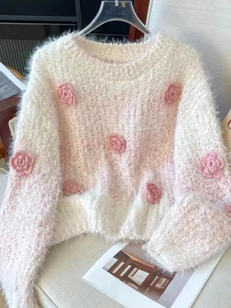 Sweet Chic Mohair Sweater Women Cute O Neck Lazy Wind Knitted Jumper Fashion Elegant 3D Floral Long Sleeve Gradient Pullover Top