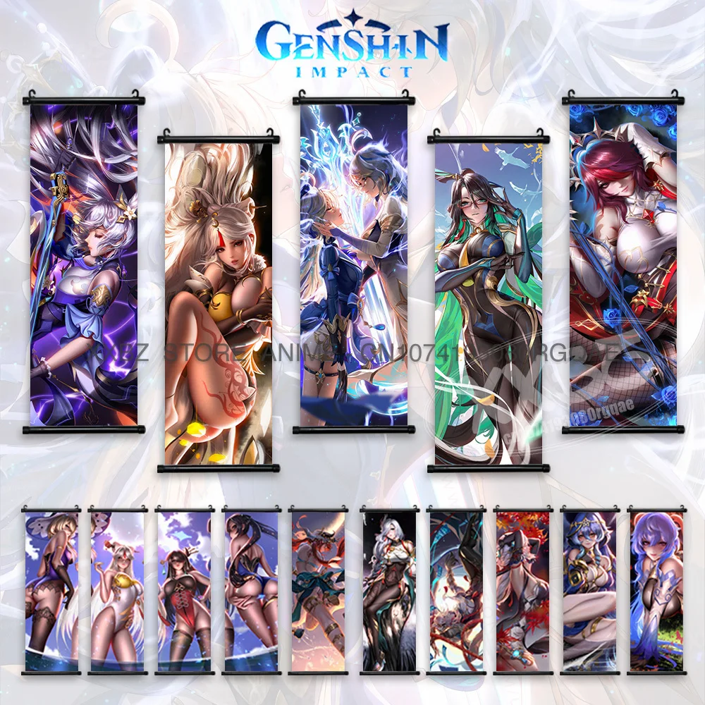 

Genshin Impact Scrolls Picture Mona Wall Art Game Posters Sucrose Hanging Painting Xiangling Wallpaper Rosaria Home Decoration