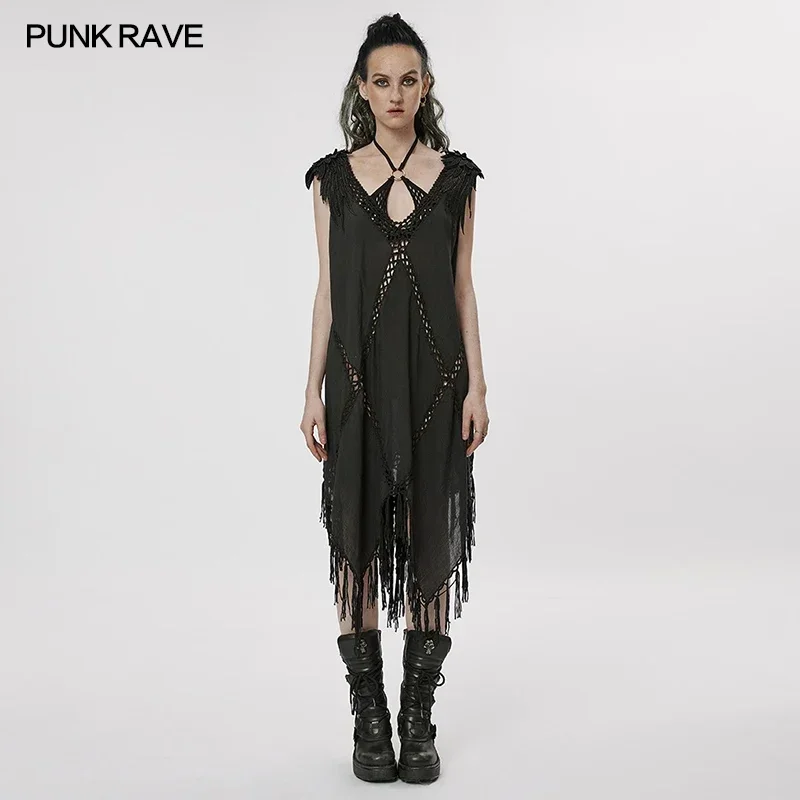 PUNK RAVE Women\'s New Gothic Large V-neck Witch Woven Dress Punk Hollow Personality Loose Tassels Hem Dresses Summer Streetwear