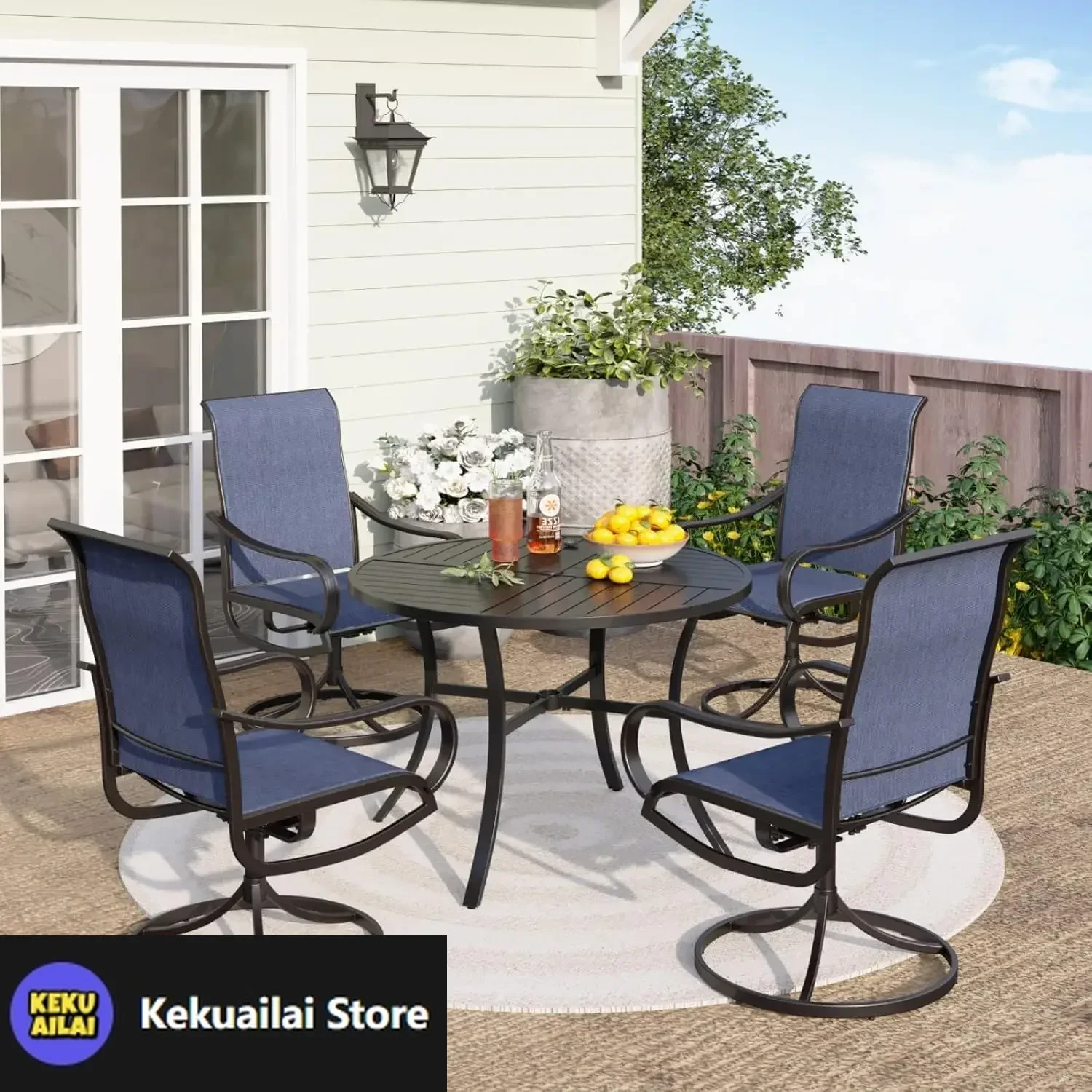 

5 Piece Patio Dining Set with 4 Outdoor Swivel Dining Chairs & 1 Large Round Dining Table, All Weather Blue Textilene