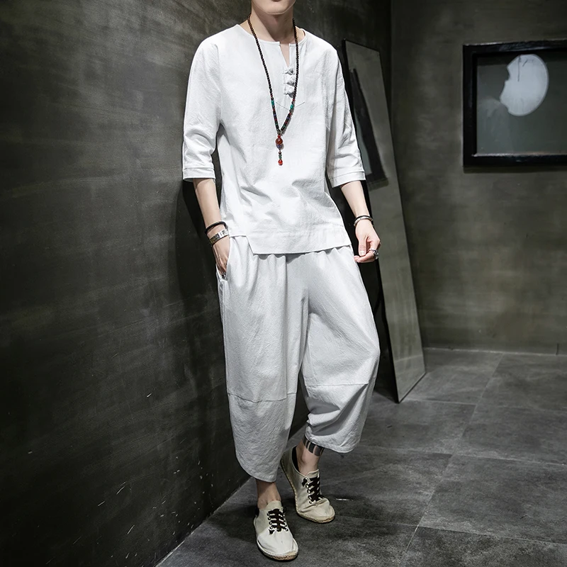 

Japanese Style Two Piece T-shirt Pants Male Men Suits Kimono Short Sleeved Japan Harajuku Cardigan Costume Tops Trousers