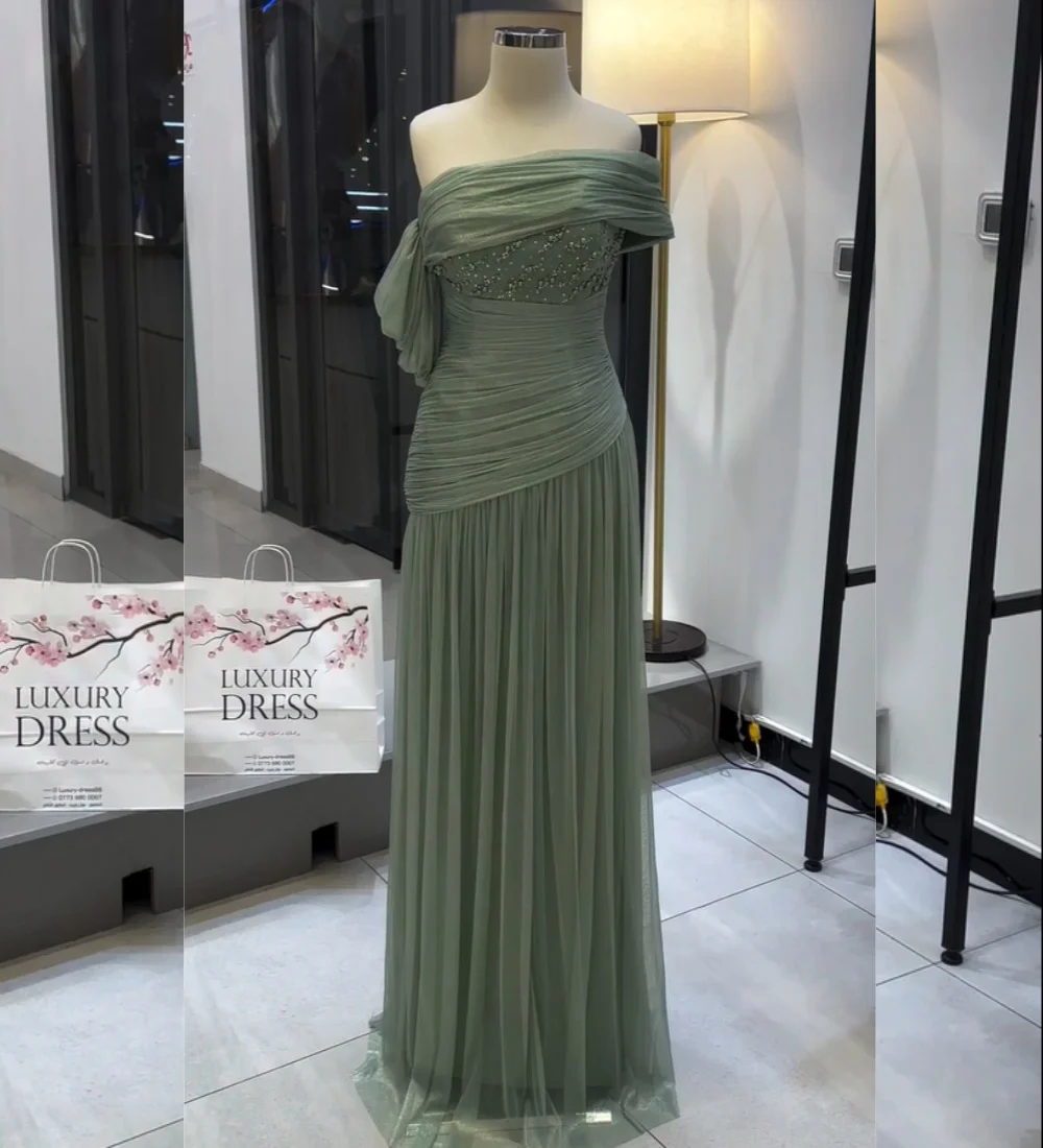 Customized Simple Pleat Sequined Pattern A-line Off-the-shoulder Long Bespoke Occasion Party Dresses Modern Style