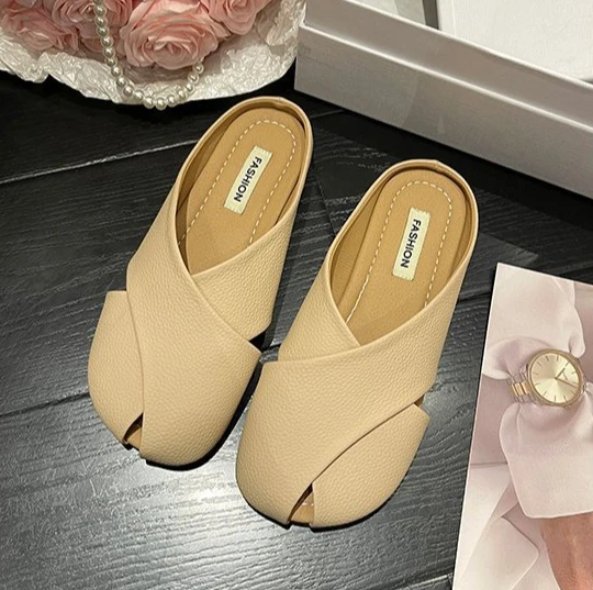 Summer Bao Head Half Slippers Women Wear New Soft Bottom Woven Flat Fish Mouth French Slippers Shoes view 2
