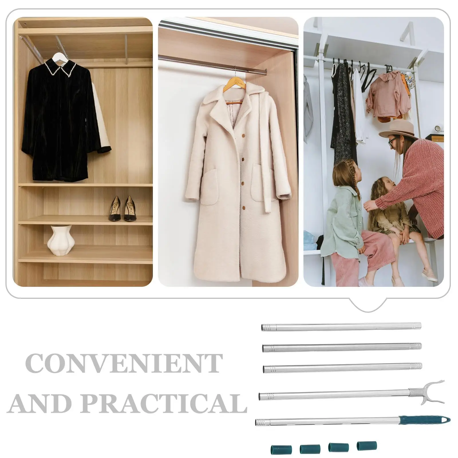 

Clothes Rail Poles Adjustable Clothesline Clothing Reach Plastic Rods for Hanging with Hook Reaching
