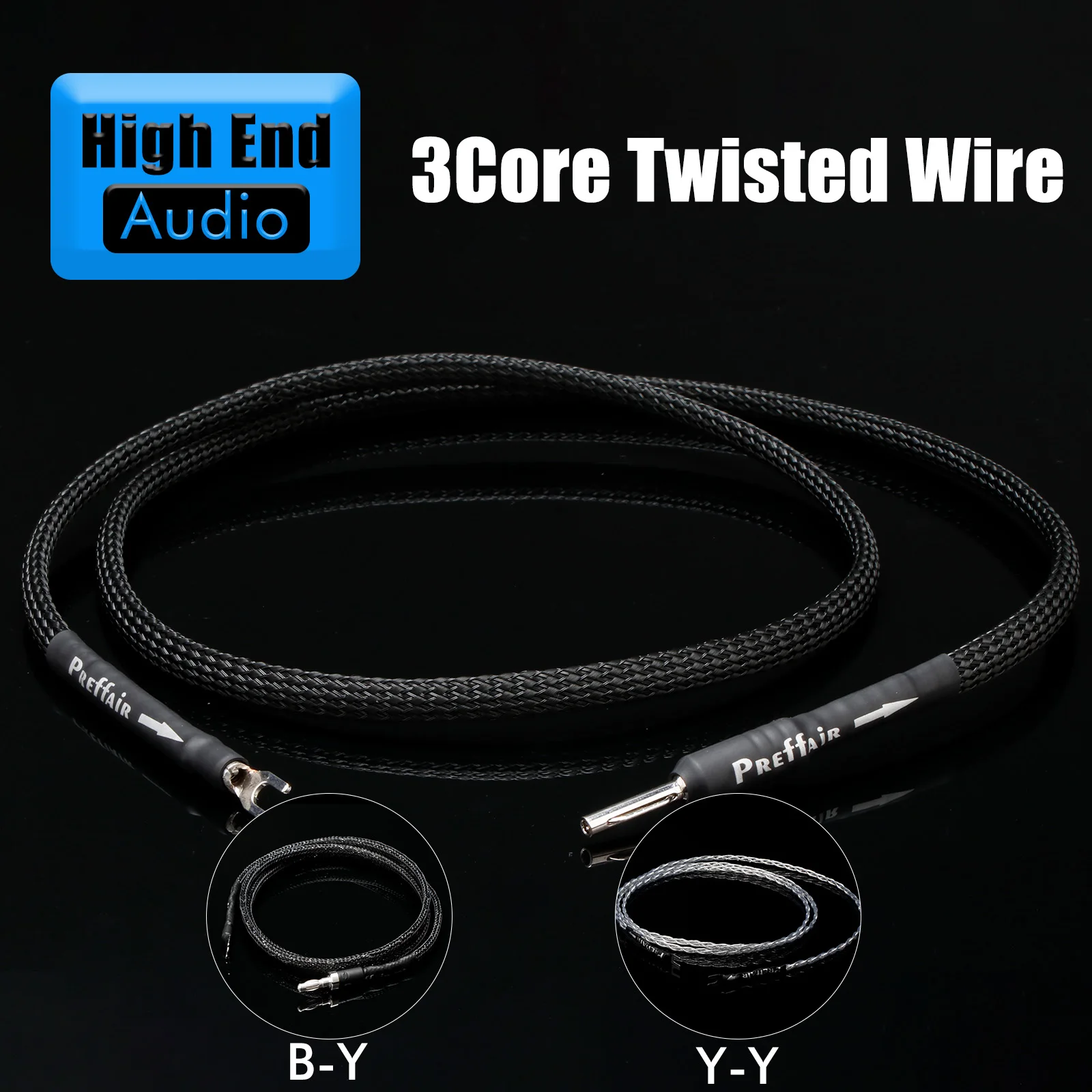 Preffair Silver Plated OCC 3 strand twisted Black wire mesh cover Ground Wire with Rhodium Plated Banana/Y Shape to Y Shape Plug
