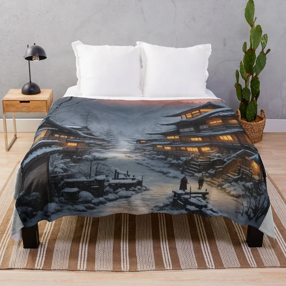 Twilight Serenity in a Snowy Mountain Village Throw Blanket Soft Quilt Blankets